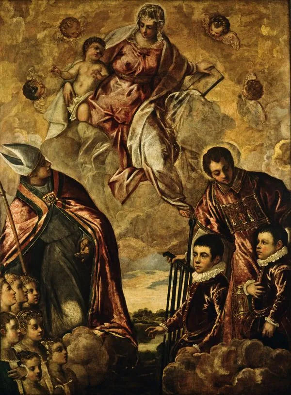 En venetiansk familie præsenteret for Jomfruen af Sankt Laurent og en helig biskop - Jacopo Tintoretto