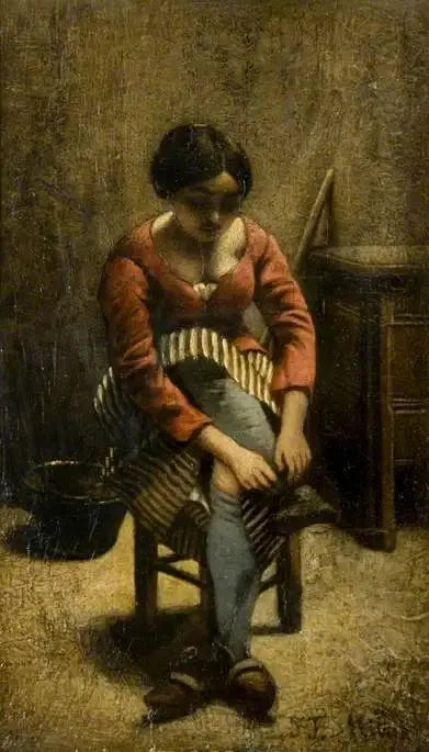 En kvinde justerer sin strømpe - Jean-François Millet