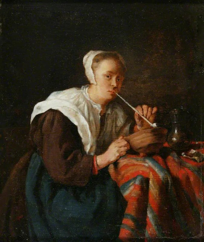 Une femme assise fumant la pipe (copie d'un original) - Gabriel Metsu image 1 reproduction d’œuvre d’art à l’huile