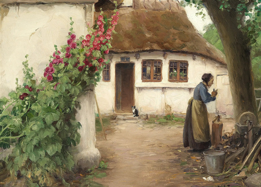 En kvinde på en gård med røde stokroser. - H. A. Brendekilde