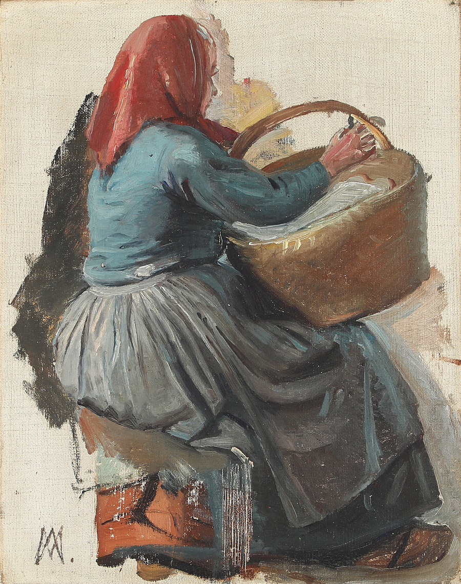 En kvinde set bagfra, bærende en kurv og med et rødt tørklæde på hovedet. - Michael Peter Ancher