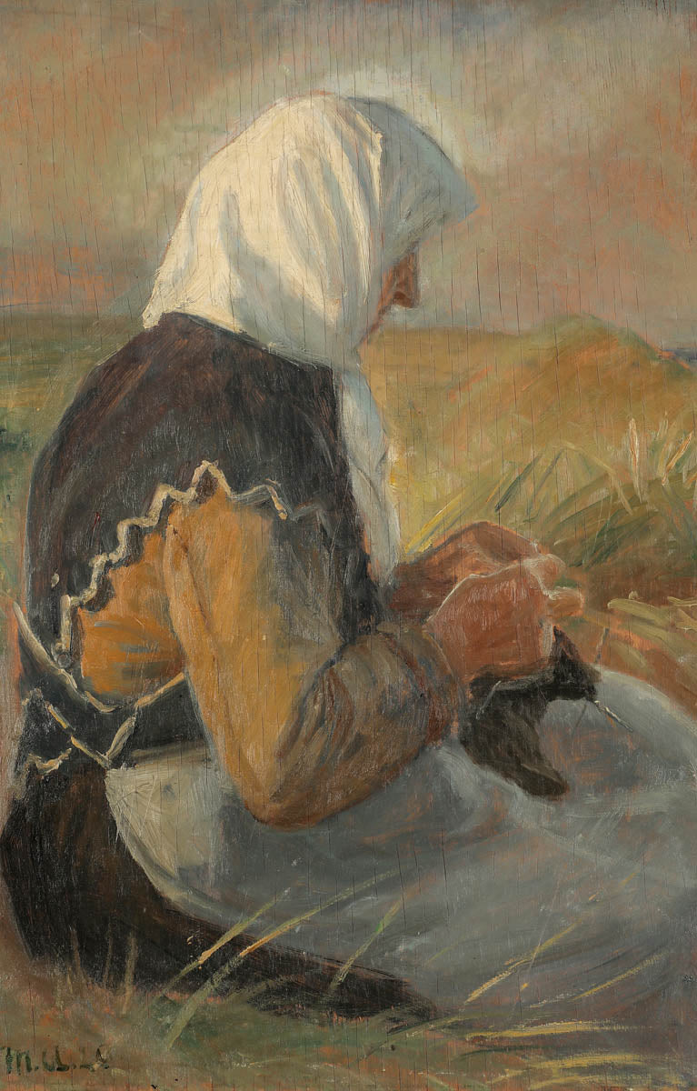 En fiskerkone strikker i klitterne. - Michael Peter Ancher