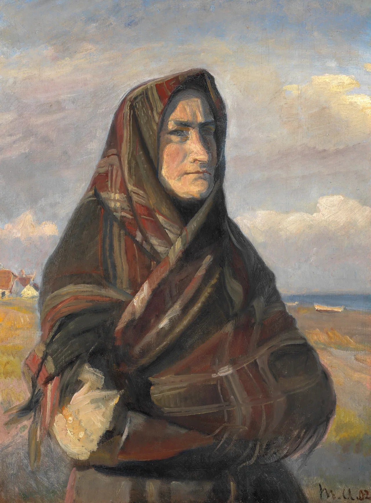 Une femme de pêcheur, vêtue d'un châle à carreaux, se tient dans les dunes près de Skagen et regarde la mer. - Michael Peter Ancher image 1 reproduction de peinture à l’huile