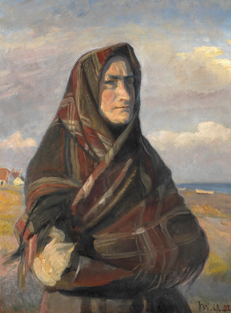 En fiskerkone, iført et ternet sjal, står i klitterne nær Skagen og stirrer ud over havet. - Michael Peter Ancher