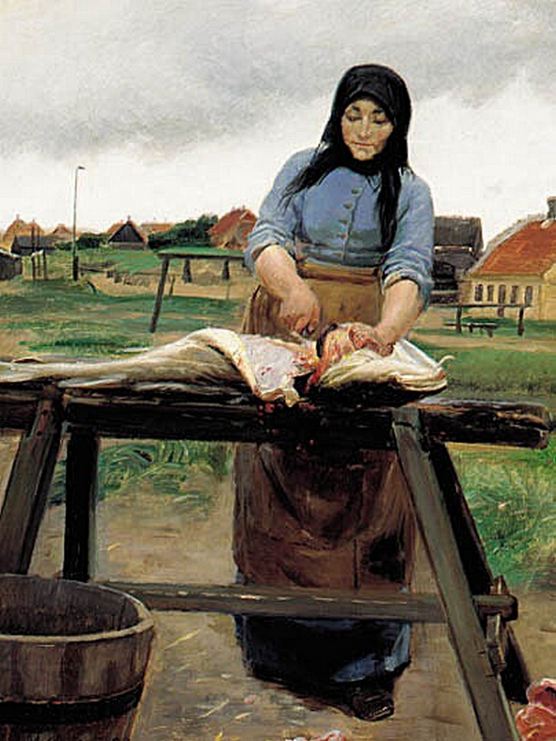 En kvinde fra Skagen skærer en kuller op. - Michael Peter Ancher