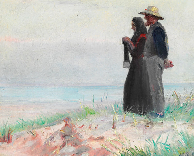 En kvinde fra Skagen, der strikker, og hendes mand på stranden. - Michael Peter Ancher