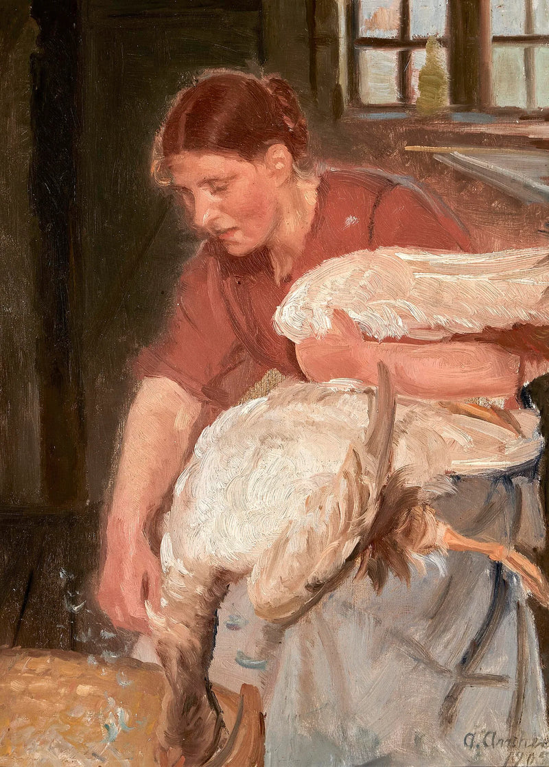 En kvinde fra Skagen plukker en gås. - Anna Ancher
