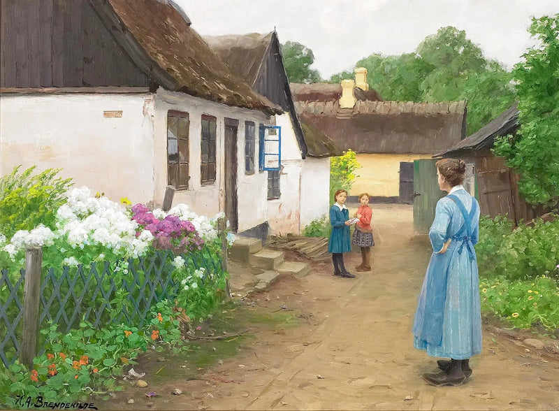 En kvinde og nogle børn i en lille gade i en landsby. - H. A. Brendekilde
