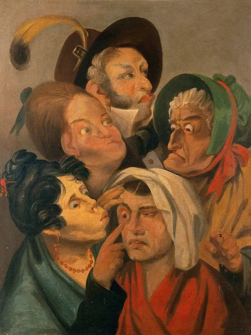 En kvinde undersøger en anden kvindes smertefulde øje, mens en mand og andre kvinder står ved siden af - Louis-Léopold Boilly