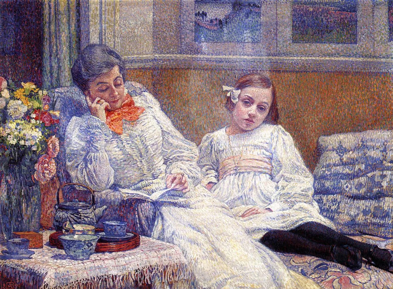 En kvinde læsende og en lille pige - Théodore van Rysselberghe