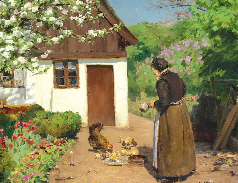 En kvinde fodrer høns foran en hvid kalkstensgård en sommerdag. - H. A. Brendekilde