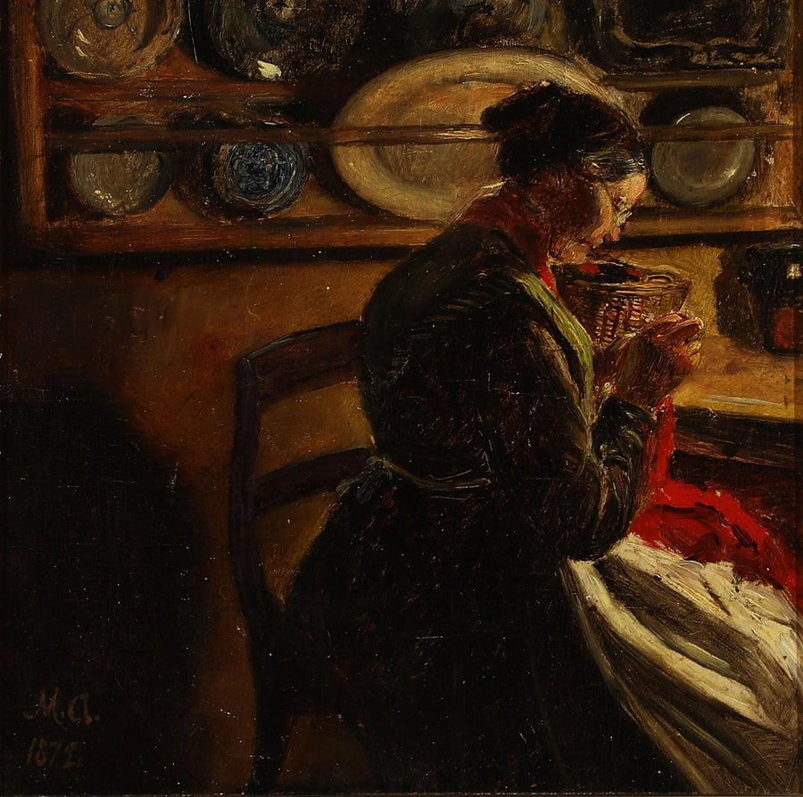 En kvinde, der strikker i et køkken. - Michael Peter Ancher