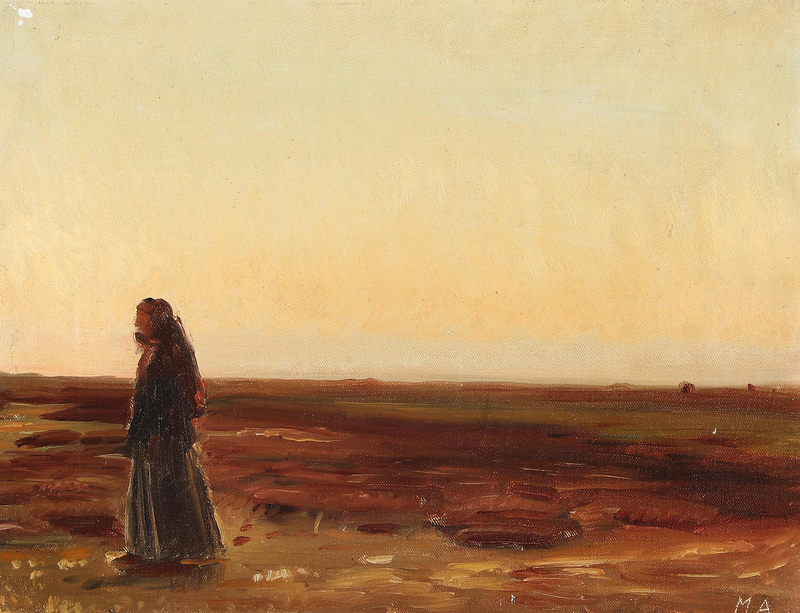 En kvinde vender hjem til heden ved solnedgang. - Michael Peter Ancher