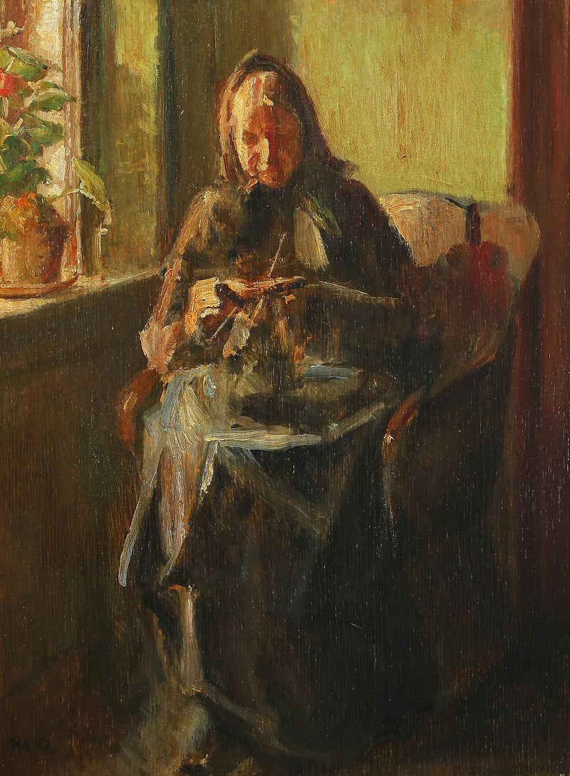 En kvinde strikker i et solbelyst rum. - Michael Peter Ancher