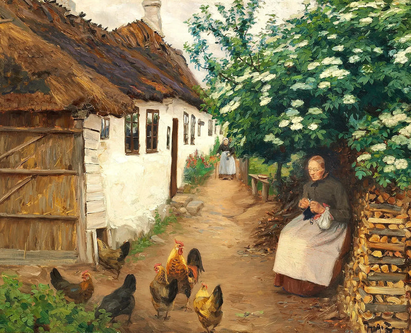 En kvinde strikker ved siden af et gammelt hus. - H. A. Brendekilde