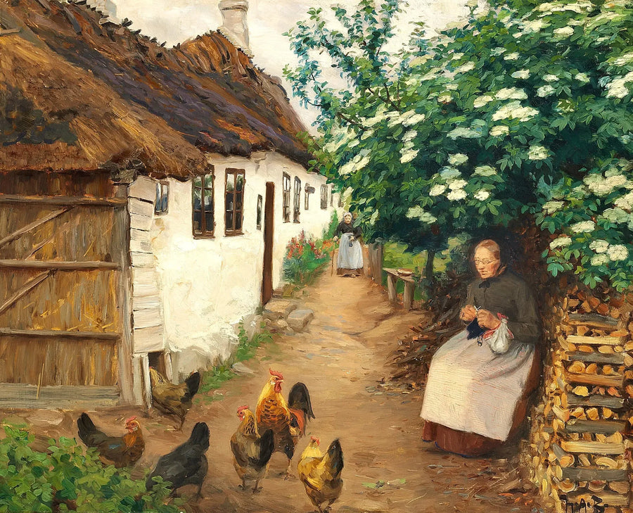 En kvinde strikker ved siden af et gammelt hus. - H. A. Brendekilde