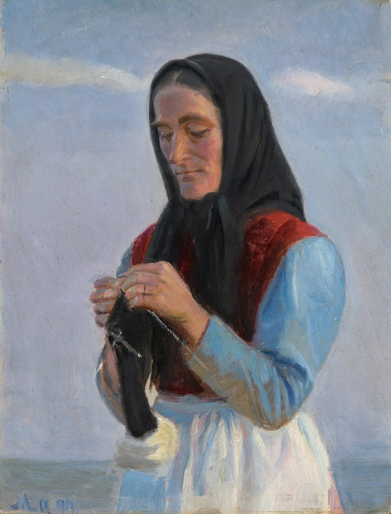 En kvinde strikker på stranden. - Michael Peter Ancher