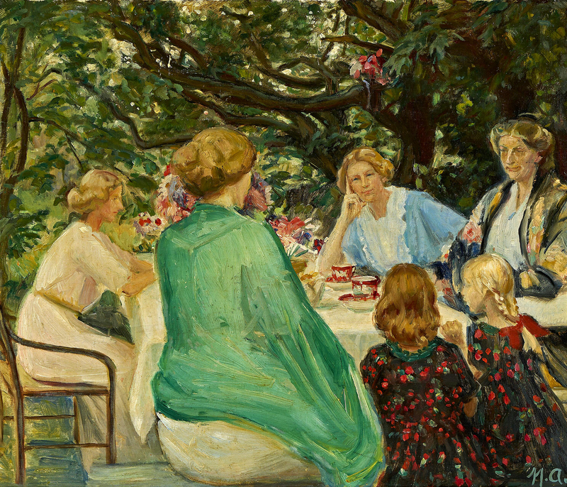 En fest omkring en kaffe i en have i Skagen på en sommerdag. - Michael Peter Ancher