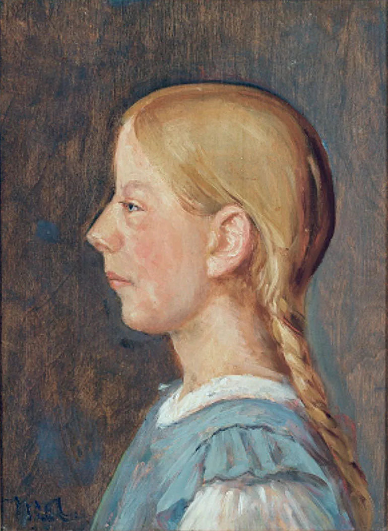 En pige fra Skagen med fletninger. (fxd) - Michael Peter Ancher