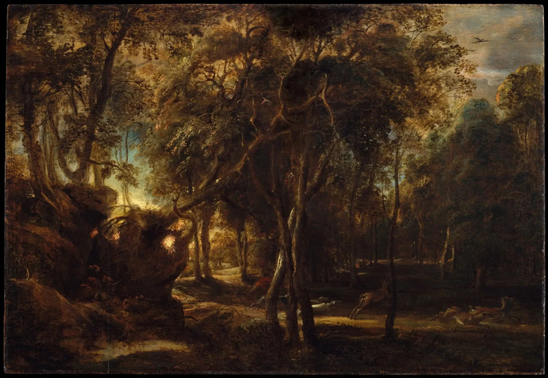 En skov ved daggry med hjortejagt - Peter Paul Rubens