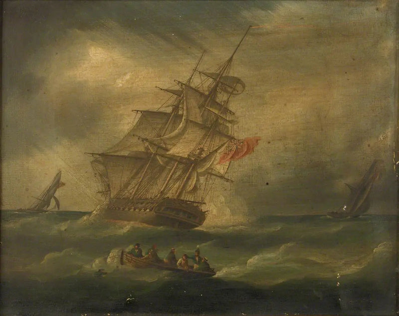 En fregat og en skonnertjagt, der forfølger en fransk skonnertjagt, med en båd, der redder en mand fra havet - James E. Buttersworth