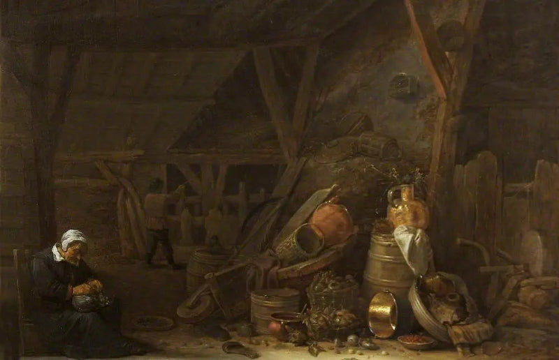 En lade med en stilleben af køkkenredskaber og en sovende kok - David Teniers le Jeune