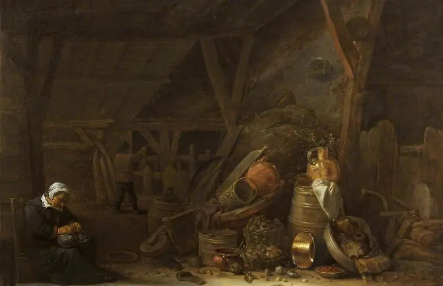 En lade med en stilleben af køkkenredskaber og en sovende kok - David Teniers le Jeune