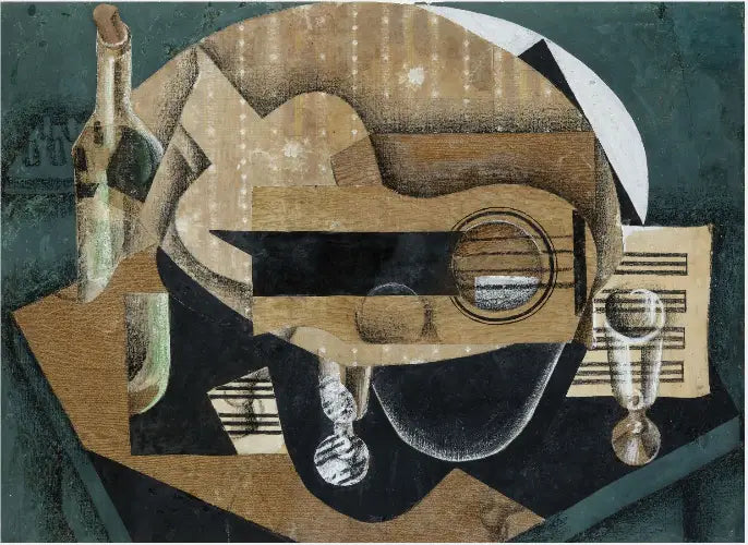 En guitar, des verres et une bouteille - Juan Gris