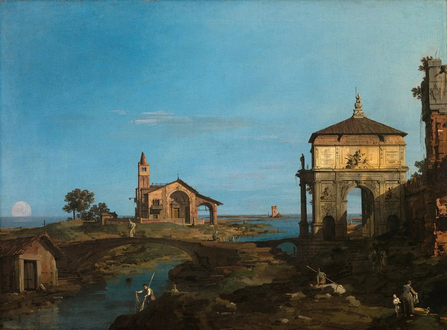 En ø i lagunen med en bue og en kirke - Canaletto