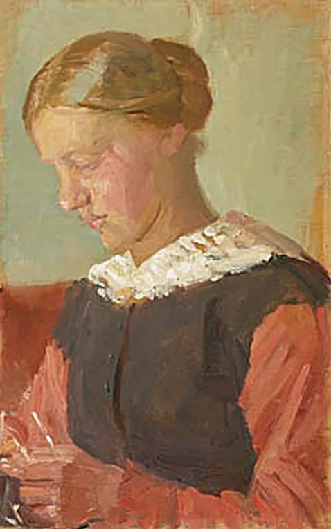 En ung kvinde sidder med håret opsat. - Anna Ancher