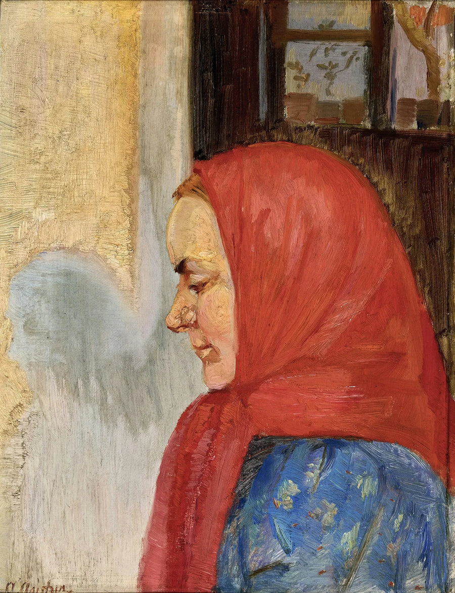 En ung kvinde fra Skagen iført et rødt tørklæde, set i profil. - Anna Ancher