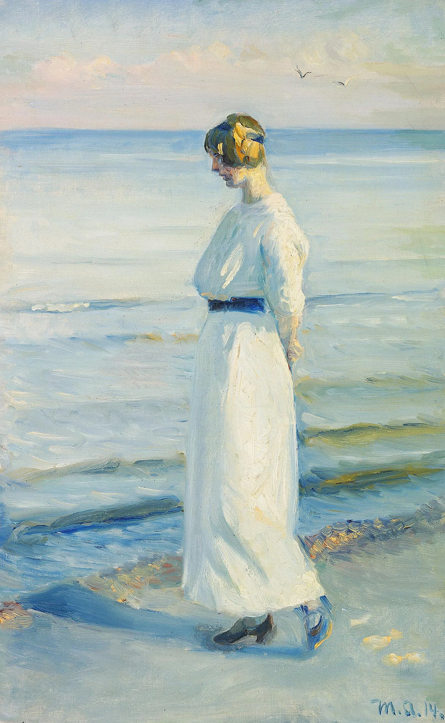 En ung kvinde i en hvid sommerkjole på Skagen strand. - Michael Peter Ancher