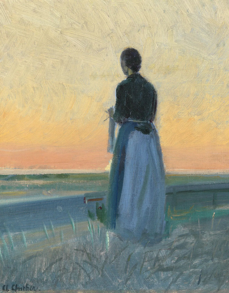 En ung kvinde, der strikker, står ved solnedgang. - Anna Ancher