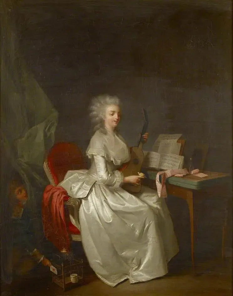 En ung kvinde, der spiller guitar med en sangfugl i hånden - Louis-Léopold Boilly