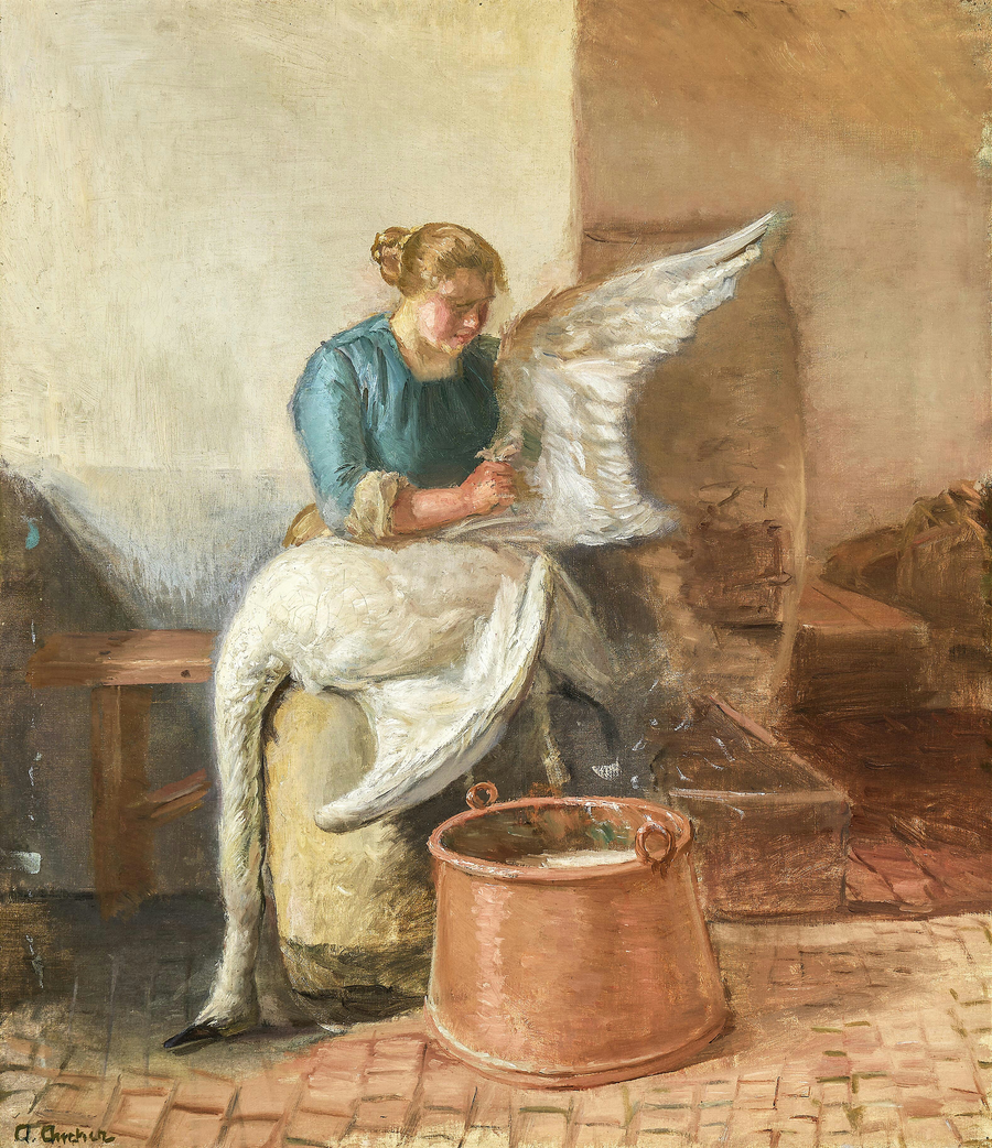 En ung kvinde plukker en svane. - Anna Ancher