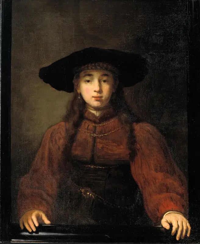 En ung kvinde, der lægger sine hænder på billedrammen - Rembrandt