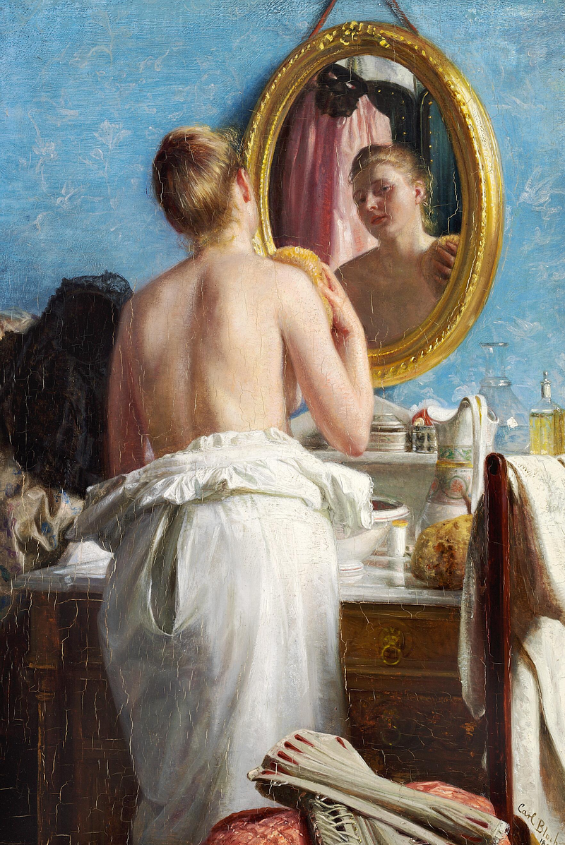 En ung kvinde vasker sig før en karneval. - Carl Heinrich Bloch