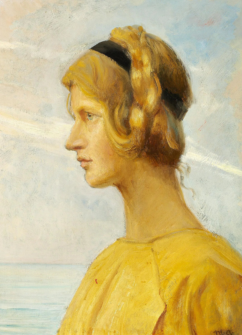 En ung pige fra Skagen i en gul kjole, set i profil med havet i baggrunden. - Michael Peter Ancher