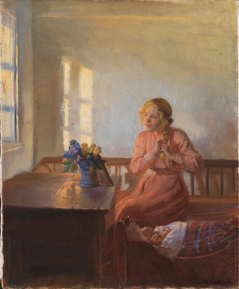 En ung pige fletter sit hår - Anna Ancher