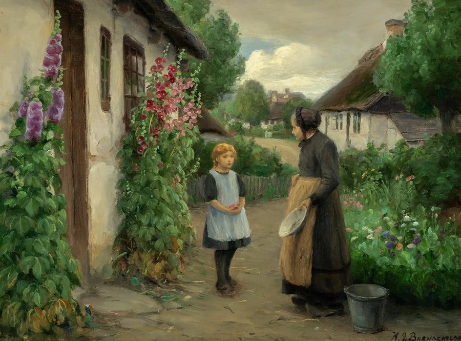 En sommerdag i landsbyen med en lille pige og en ældre kvinde. - H. A. Brendekilde