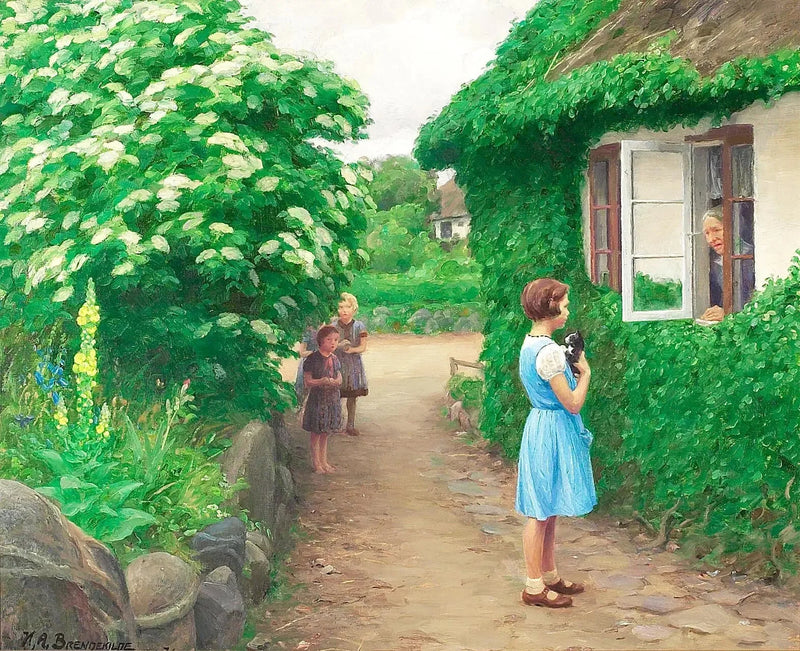 En sommerdag med børn med en killing og en gammel kvinde ved vinduet. - H. A. Brendekilde