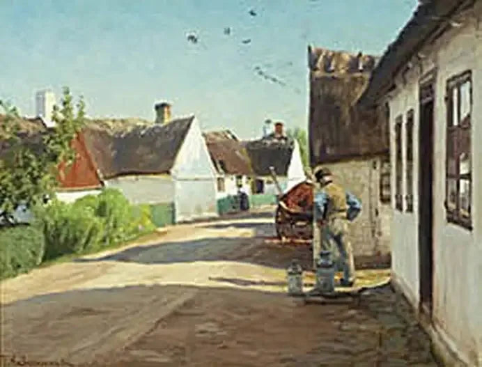 En sommerdag i en landsby med en mand stående ved nogle mælkekander. - H. A. Brendekilde