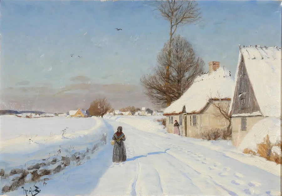 En vinterdag i en landsby, der viser mennesker nær huse med stråtag. - H. A. Brendekilde