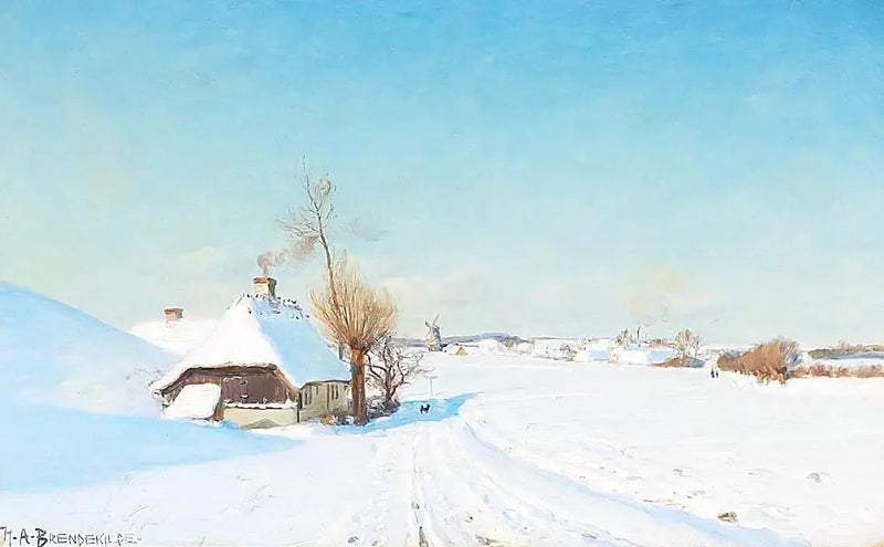 En solrig vinterdag med huse, en mølle og karakterer. - H. A. Brendekilde