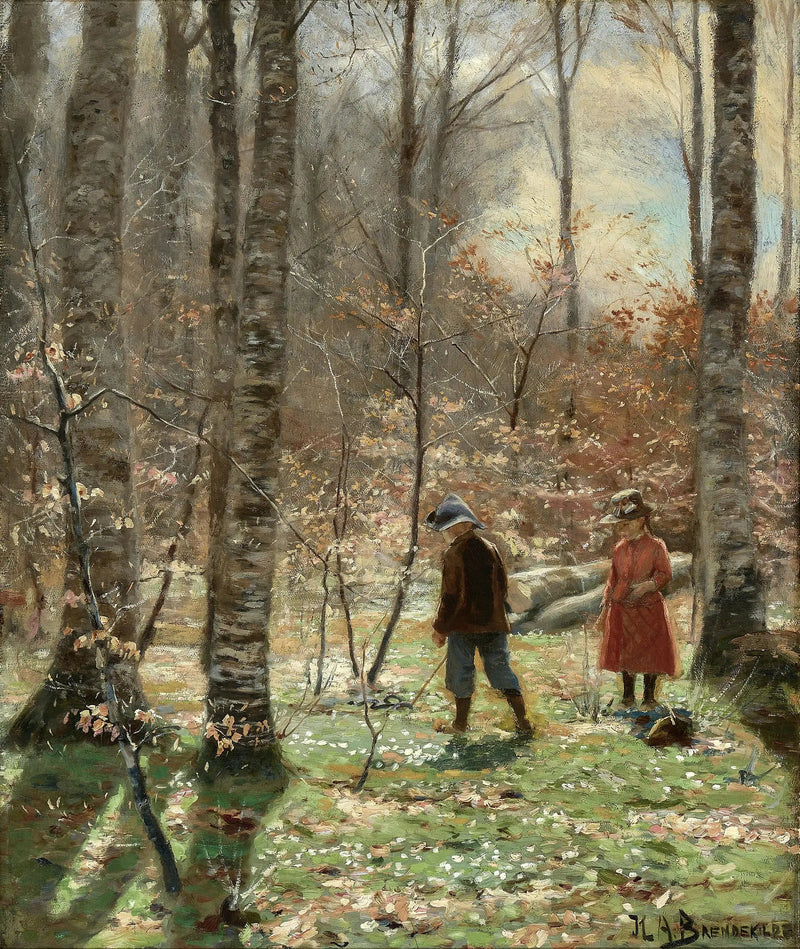 En forårsdag i skoven med en dreng og en pige, der plukker anemoner. - H. A. Brendekilde