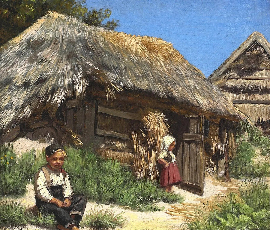 Et hus med stråtag. En sommerdag under en blå og varm himmel. Organiseret med to børn. - Peder Severin Krøyer