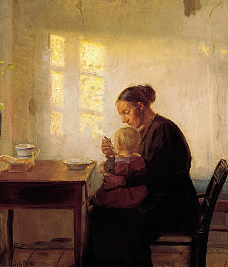 En mor med sit barn i et solbeskinnet rum. - Anna Ancher