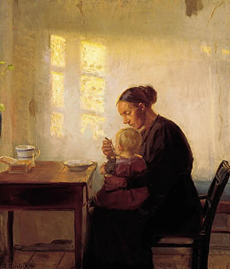 En mor med sit barn i et solbeskinnet rum. - Anna Ancher