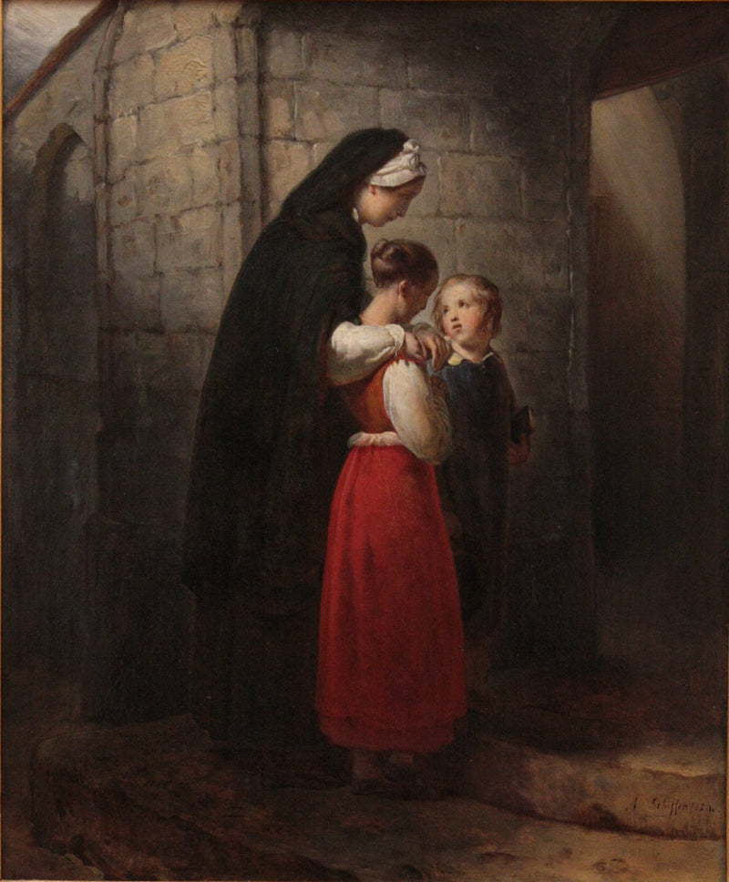 En syge mor, der går i kirke, støttet af sine to børn - Ary Scheffer