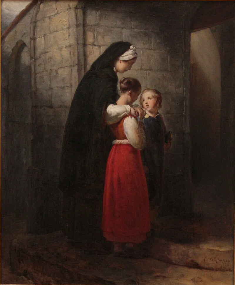 En syge mor, der går i kirke, støttet af sine to børn - Ary Scheffer